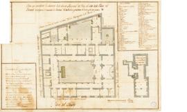 Hospital del Rey: Plano a la Plaza del Triunfo (linderos distribución y medidas) y del sótano y c...