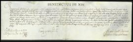 Breve de Benedicto XIV, papa, concediendo indulgencias al Hospital de San Cosme y San Damian de S...