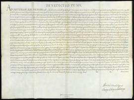 Breve de Benedicto XIV, papa, prorrogando la pensión al Hospital de San Cosme y San Damian, de Se...