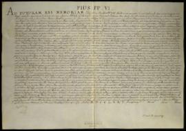 Breve de Pio VI, papa, prorrogando la pensión de mil ducados que goza el Hospital del Santisimo C...